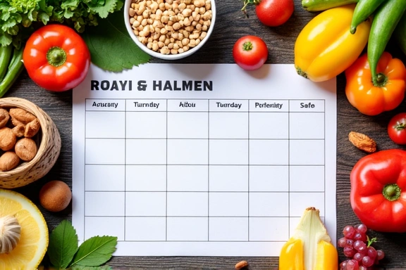 Tavolo con alimenti sani e un piano alimentare stampato